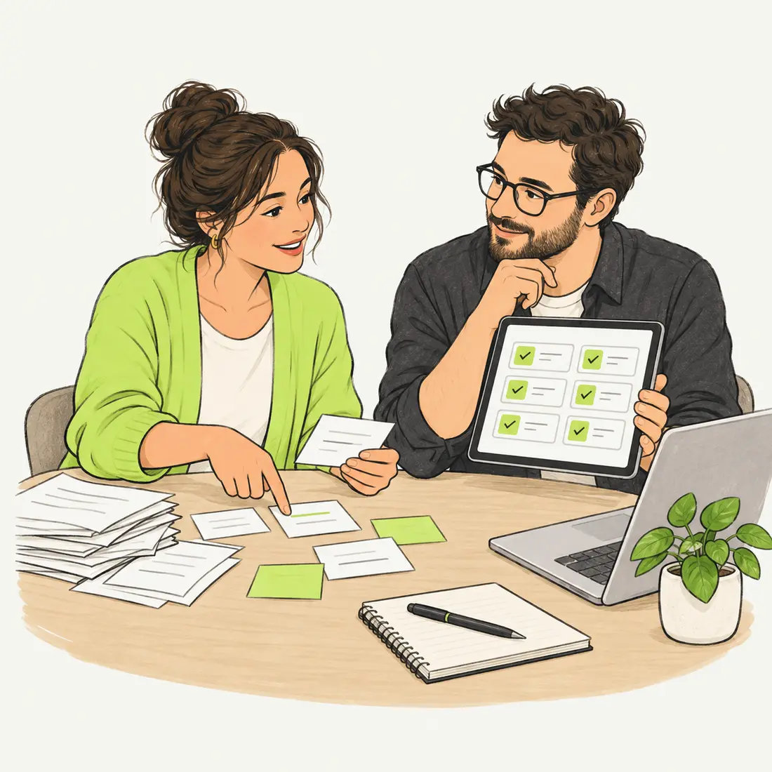 Ilustración de una empresaria explicando sus tareas a un diseñador, que le muestra una aplicación organizada