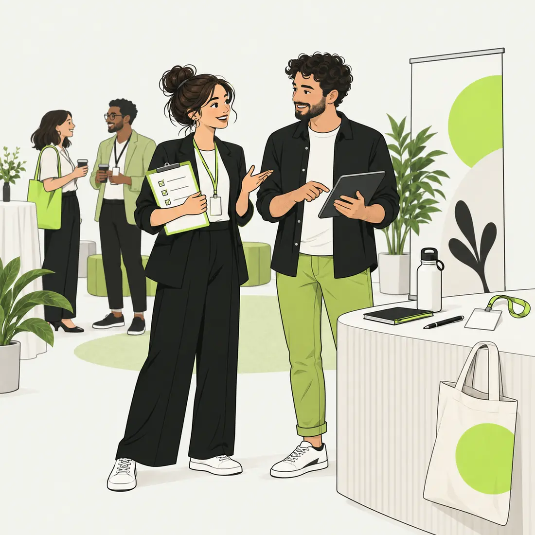 Ilustración de una organizadora y un diseñador coordinando un evento, junto a asistentes y materiales personalizados