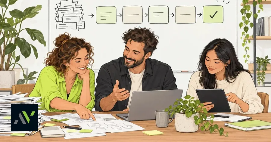 Illustration of two engineers working at a table with a client, mapping a manual process into an automated workflow