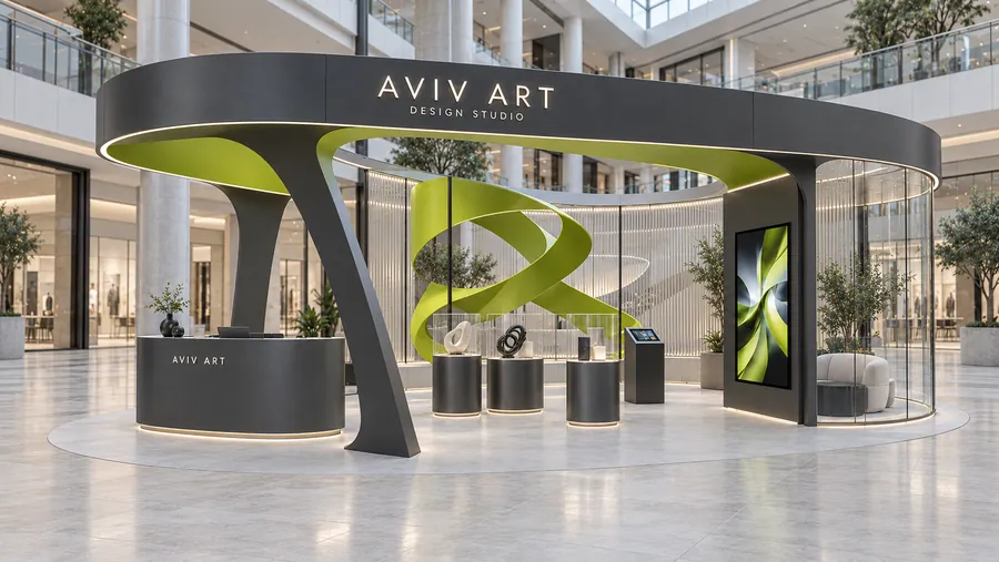 Render de un pop-up circular de Aviv Art en el atrio de un centro comercial, con estructura gris, una escultura verde lima, vitrinas y una pantalla vertical