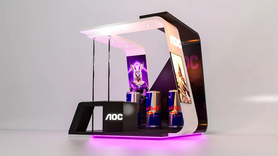 Render del stand para AOC: estructura curva blanca y negra, logo de AOC iluminado, pantalla vertical, gráfica de videojuego y luz perimetral morada